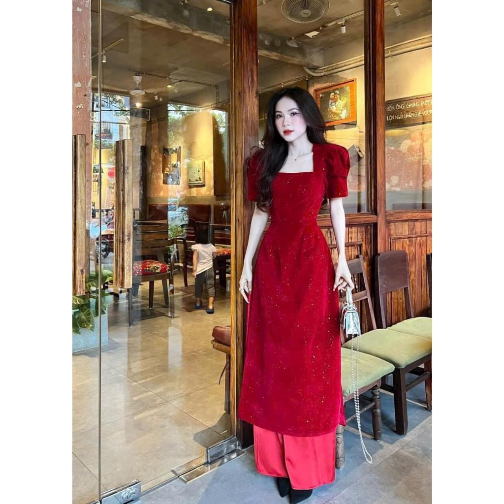 Áo dài màu đỏ cổ vuông tay búp kèm quần lụa tuyết nhung kim tuyến xinh xắn minhthufashion