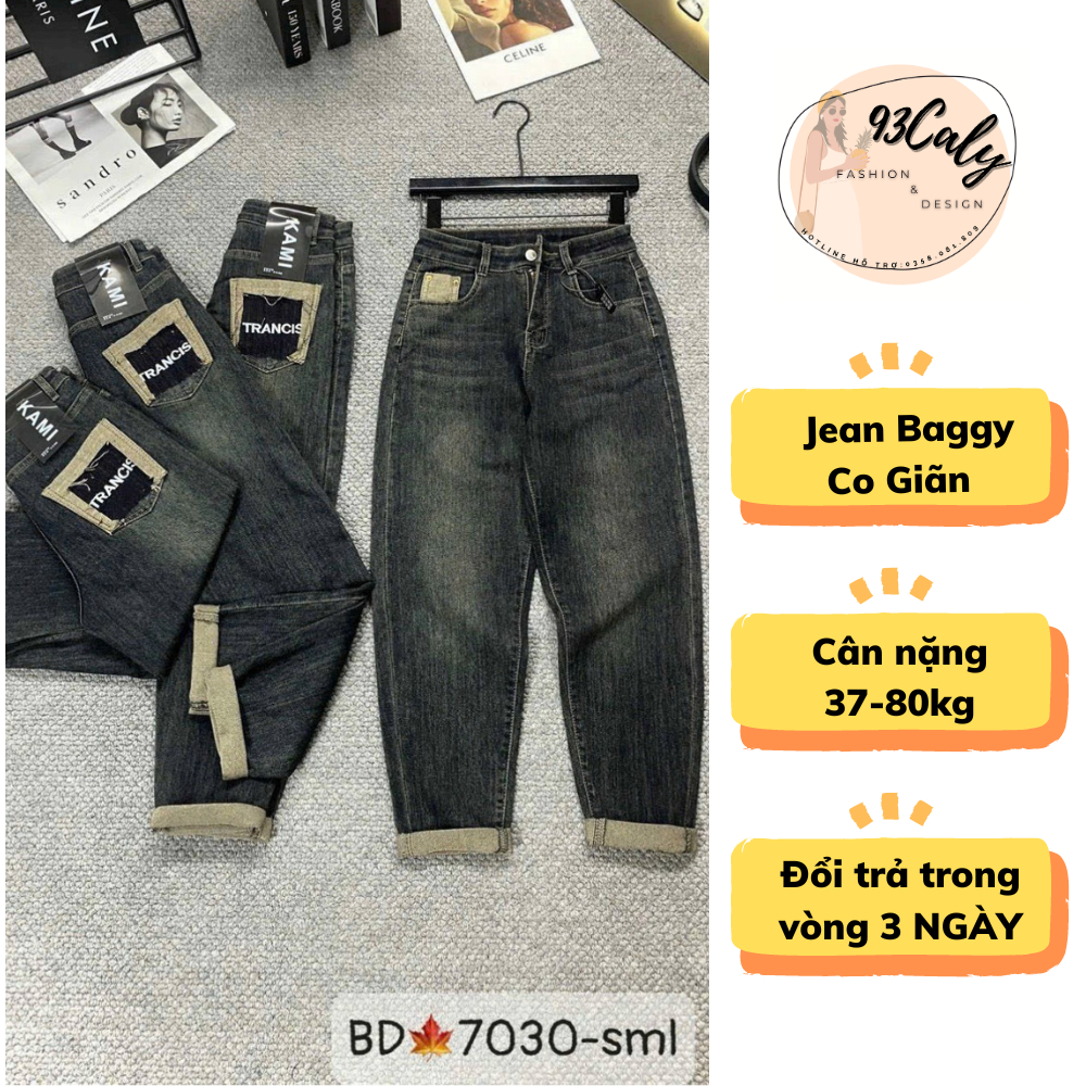  ETWAETW  BIGSIZE 80KG  7030 Quần Jean Baggy Nữ Co Giãn Cạp Cao Thêu Sau Túi,quần bò nữ tạo kiểu dáng thụng siêu tôn dáng bản QC 234 