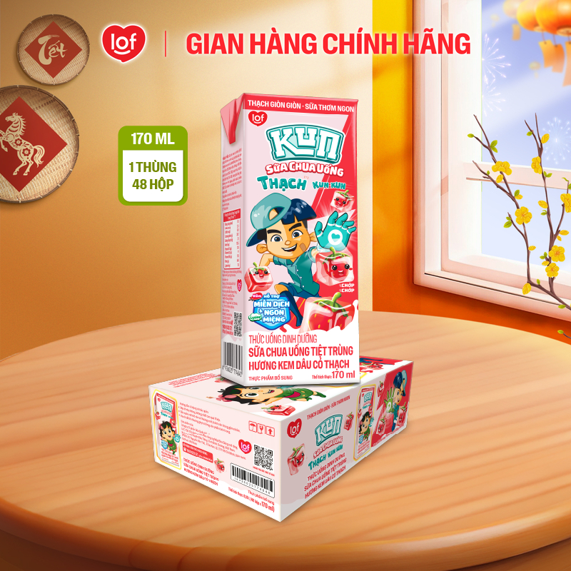 Kun Sữa chua uống hương Kem Dâu có Thạch thùng 48 hộp x 170ml