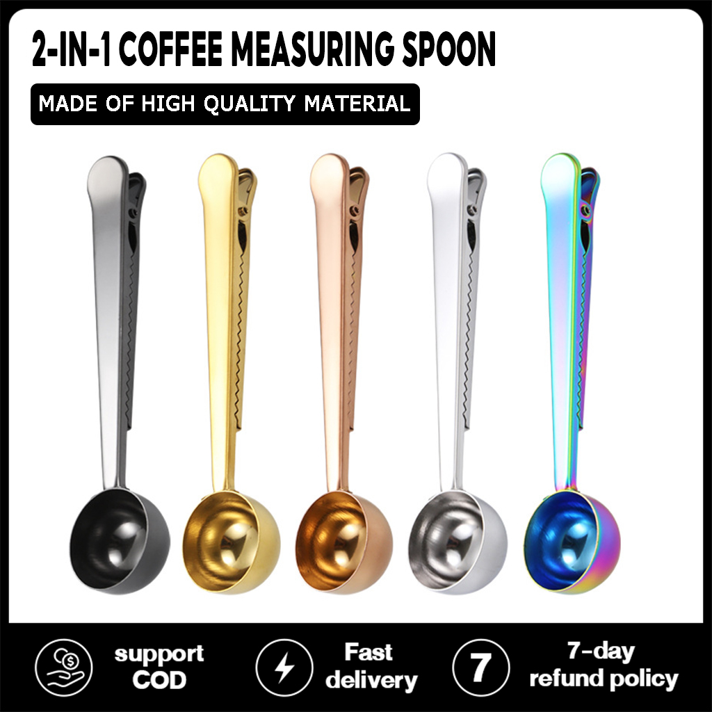 ช้อนตวงกาแฟ ด้ามจับมีที่หนีบ ช้อนตวงสแตนเลส ช้อนตักกาแฟ ที่หนีบถุง ราคา 3 บาท*ส่งฟรี