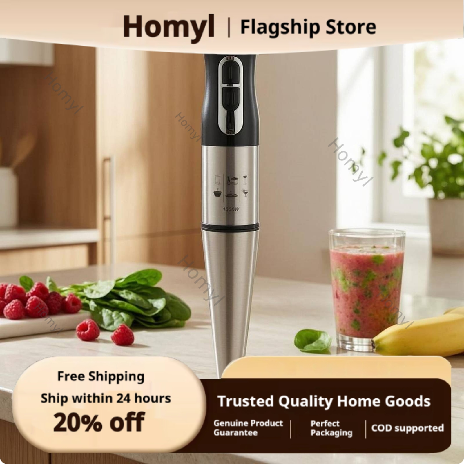Homyl 1000W Electric Immersion Blender Slim Kitchen Hand Blender Two-Button Handheld Mixer