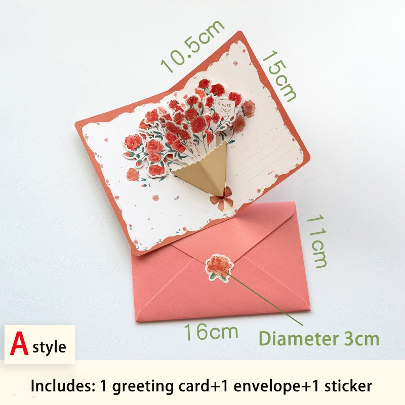 3D Pop-up bouquet greeting card Rose creative card Couple friend birthday Thank you blessing