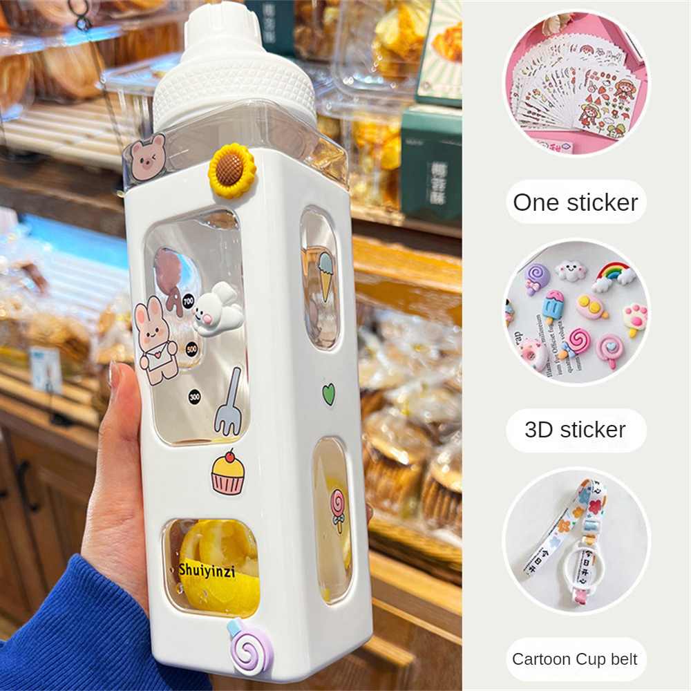 Easehome 700ml cô gái dễ thương chai nước có nắp rơm nhãn dán nhựa nước trái cây sữa xách tay Kawaii cốc nước trẻ em uống Bộ