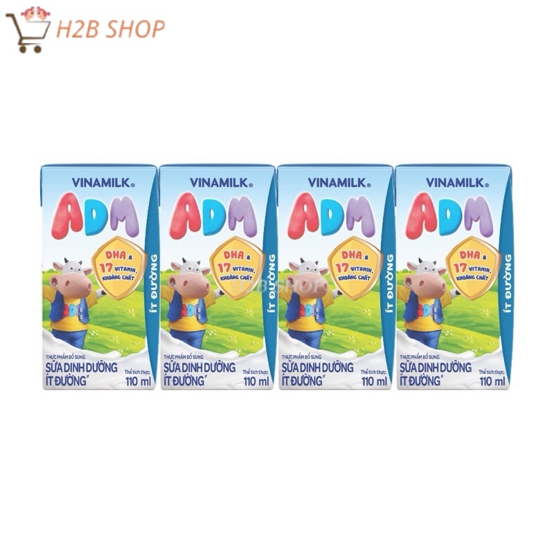 Lốc 4 hộp x 110ml Sữa dinh dưỡng có đường, ít đường Vinamilk ADM