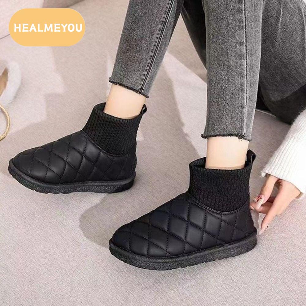 HEALMEYOU หัวกลมกลม รองเท้าบูทสั้นแบน กันน้ำกันน้ำได้ หนังเทียมสังเคราะห์ รองเท้าผ้าฝ้ายกำมะหยี่ แฟชั่นสำหรับผู้หญิง กันลื่น รองเท้าบูทอุ่นสำหรับผู้หญิง Famale ราคา 332 บาท*ส่งฟรี