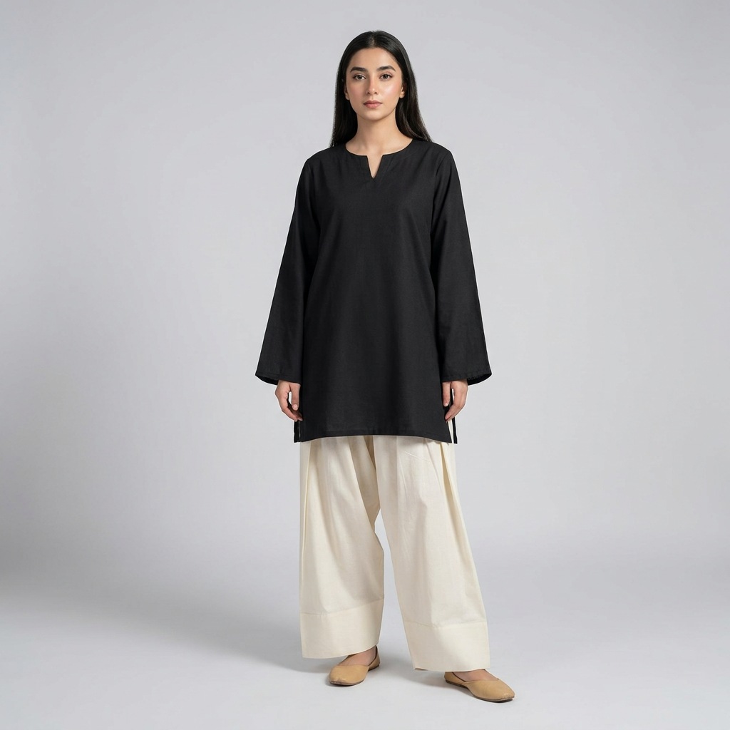 2pc kameez shalwar in black abd white color trending short shirt and farshi shalwar for girls women