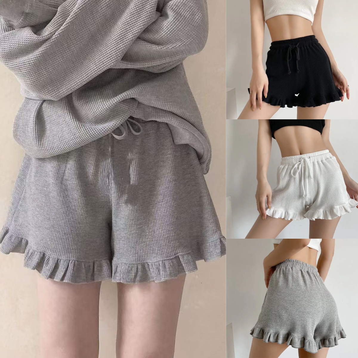 กระเป๋าสะพายขาง กางเกงขาสั้นวาฟเฟิลดอกไม้ลายลูกไม้ผู้หญิงแบบลำลองยอดนิยมกางเกงกีฬาเอวยางยืดกางเกงร้อน ราคา 53 บาท*ส่งฟรี