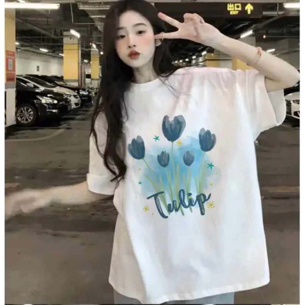 Áo phông Hoa Tulip thun cotton mềm mịn phối xanh cực đẹp