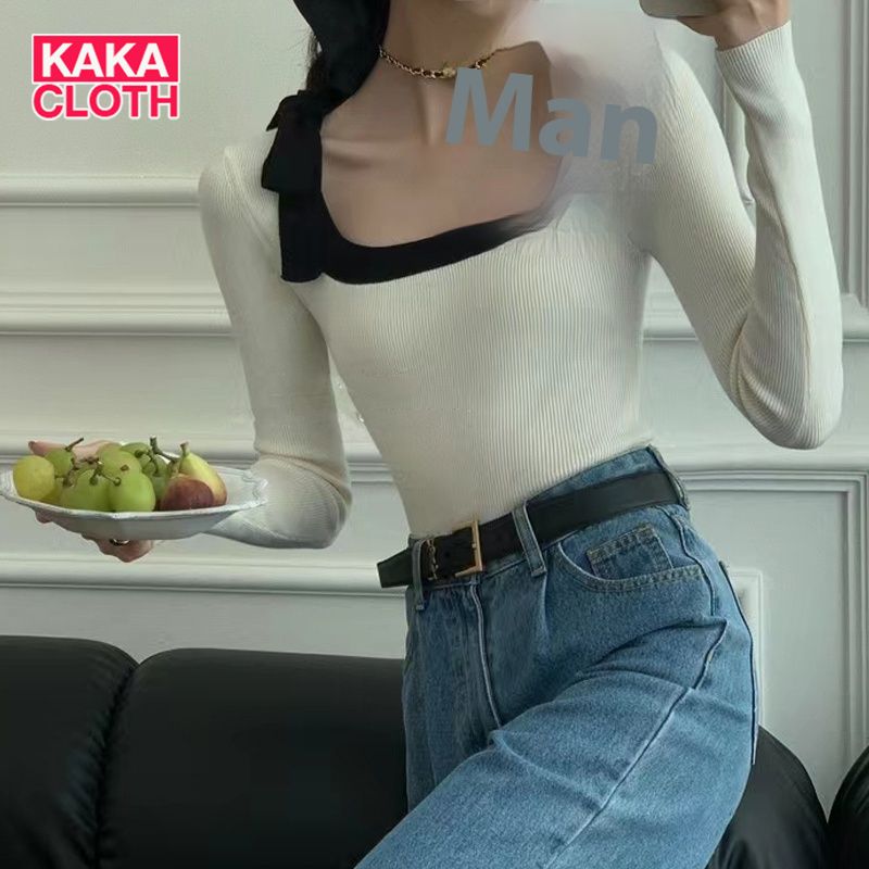 Kakacloth Áo Sơ Mi Nữ Dệt Kim thắt nơ áo len dệt áo ngắn cổ áo vuông Pháp