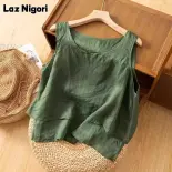 Laz nigori cỡ lỡn lỏng giải trí nghệ thuật áo sát nách cổ điển thiết kế tối giản phía trước ngắn trở lại áo dây nhỏ vải lanh cotton dài