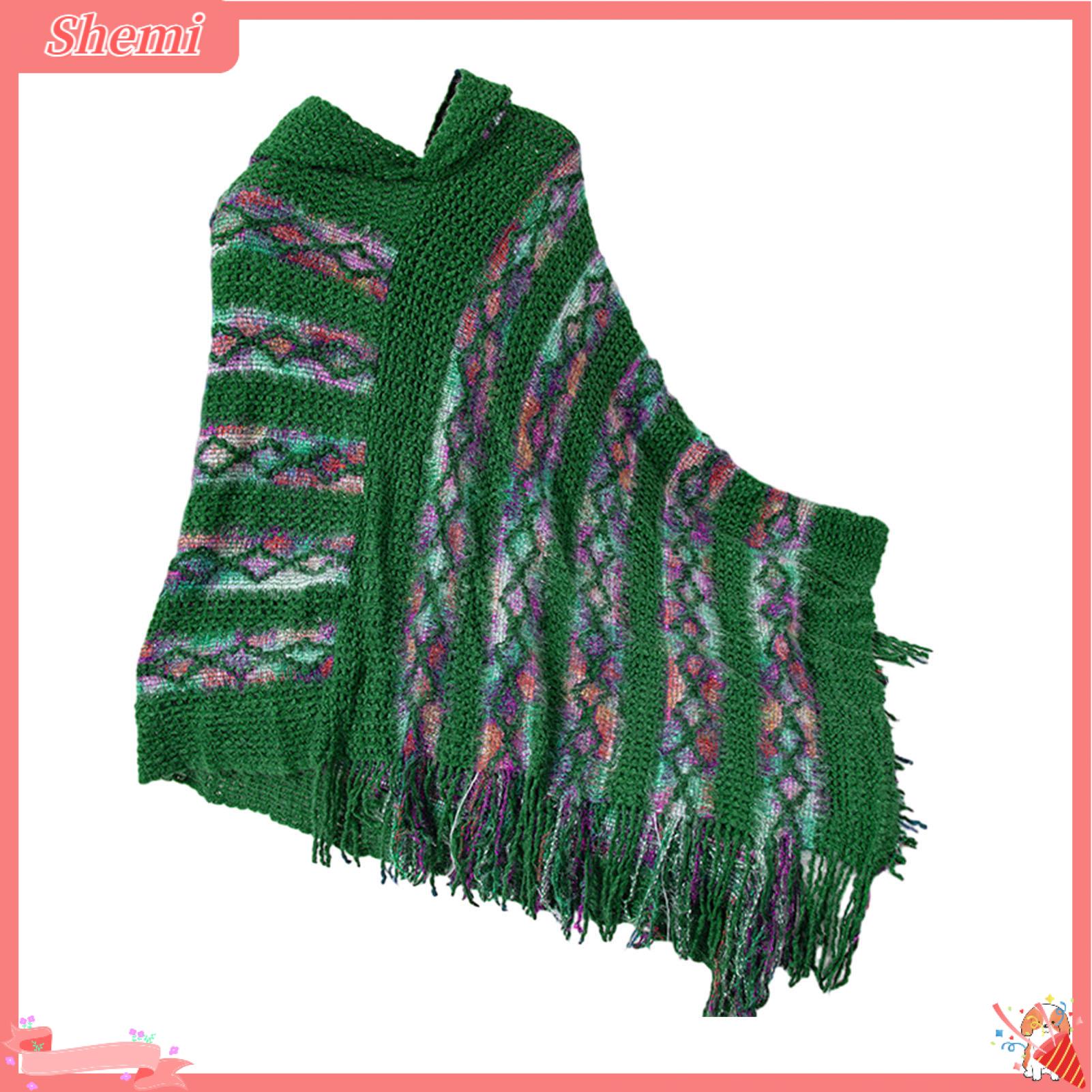 Shemi sọc sặc sỡ Áo Len Áo chui đầu nữ Áo Len sọc sặc sỡ dáng poncho có mũ Áo Khoác Cho Phụ Nữ Hợp Thời Trang tay áo cánh dơi Đan Cape Với Tua Chi Tiết Hoàn Hảo