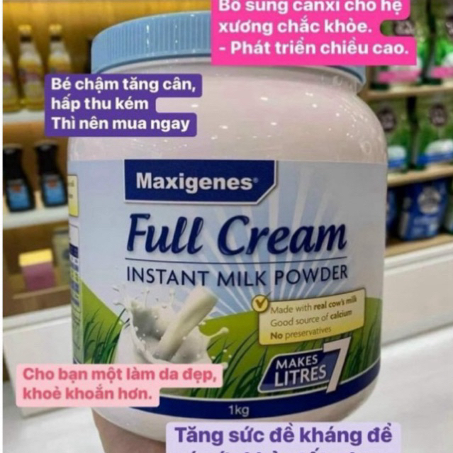 Sữa bột Maxigenes Full Cream Instant Milk Powder Úc - ￼Sữa bột nguyên kem bổ sung canxi Maxigenes Full Cream Instant Milk Powder Úc 1kg