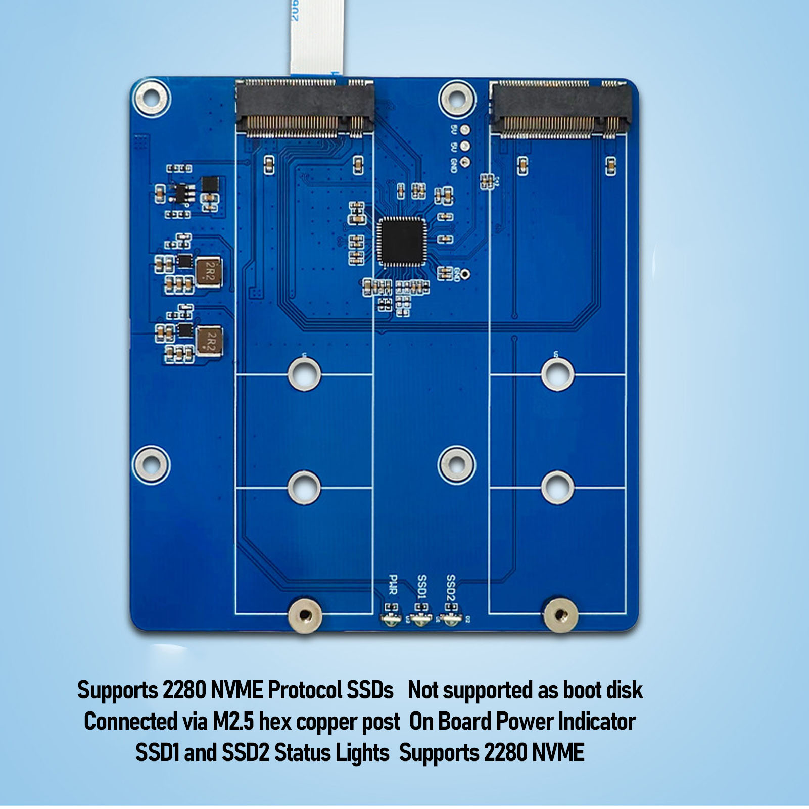 SSD bảng mở rộng đôi NVMe SSD giao diện PCIe M.2 bảng mở rộng lưu trữ Stabler truyền dữ liệu cho Pi 5 với chỉ báo công suất trên Tàu và Đèn trạng thái SSD