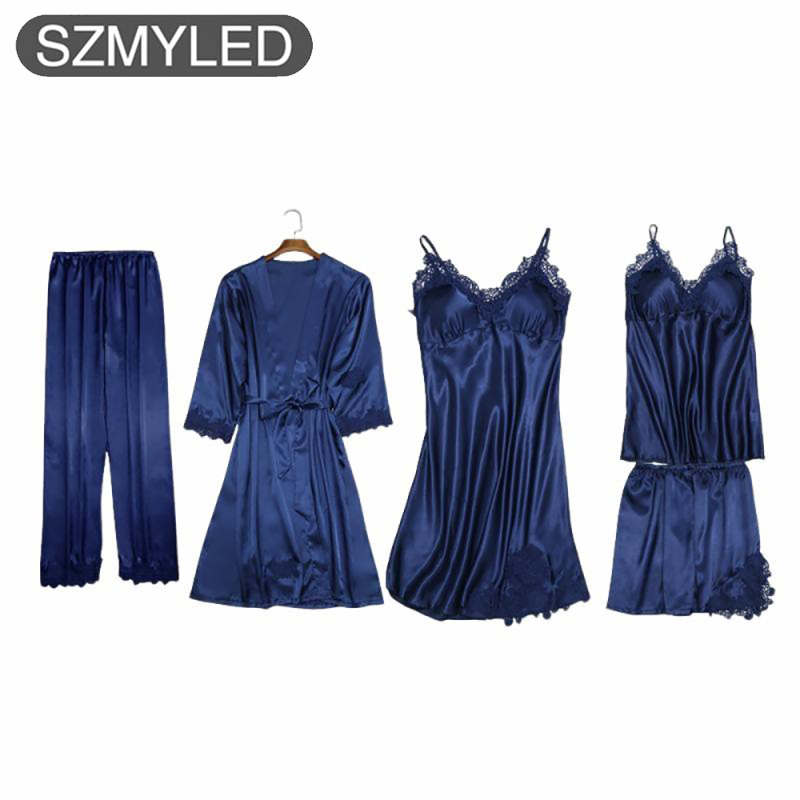 Women's 5 Pcs Satin Pajama Sets Lace Trim Cami Sleepwear Fashion Solid Loungewear Soft Comfortable Wear