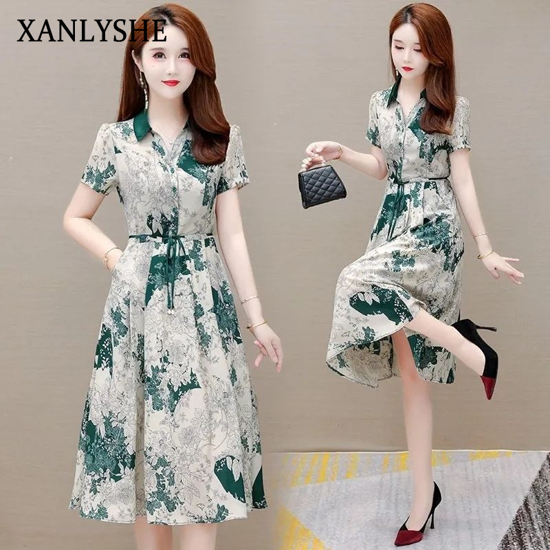XANLYSHE ชุดเดรสพิมพ์ลายสไตล์ตะวันตกสไตล์เกาหลีสำหรับผู้หญิงชุดเดรสผูกเชือกเอวสูงใส่แล้วดูผอมเรียบหรูเก็บเอวแบบใหม่ฤดูร้อนสำหรับผู้หญิง ราคา 148 บาท*ส่งฟรี