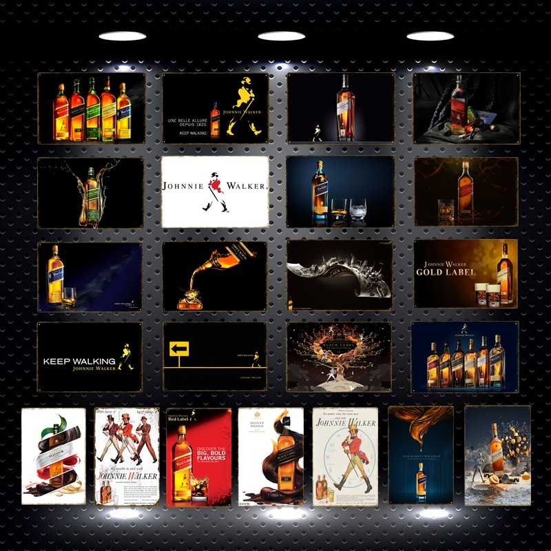 Tiếp tục Johnnie Walker Whisky Bia Kim loại Tin Logo Red Ball Gold Label Rượu Tường Poster Bar Đảng 