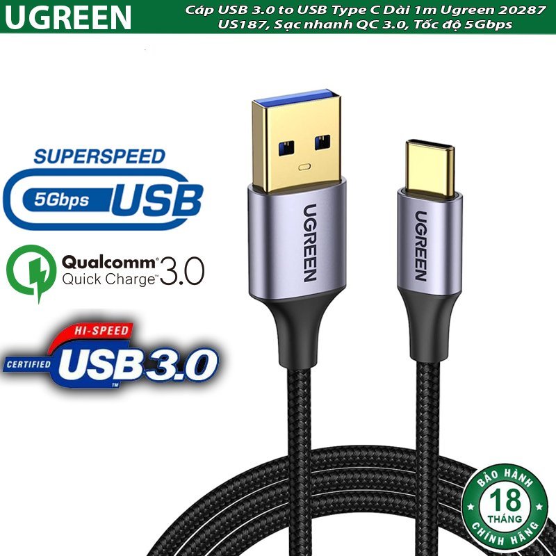 Cáp USB C to USB A Ugreen 20881 20882 20883 20884 US184 20287 (Sạc & truyền dử liệu 5Gbps QC3.0 3A)