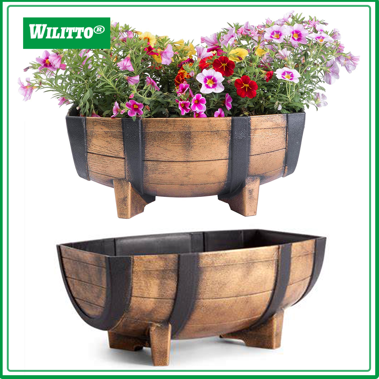 Rustic Half Barrel Planter Weather Resistant Flower Pot with Drainage Hole Indoor Outdoor Barrel Flowerpot for Flowers Herbs ราคา 974 บาท*ส่งฟรี