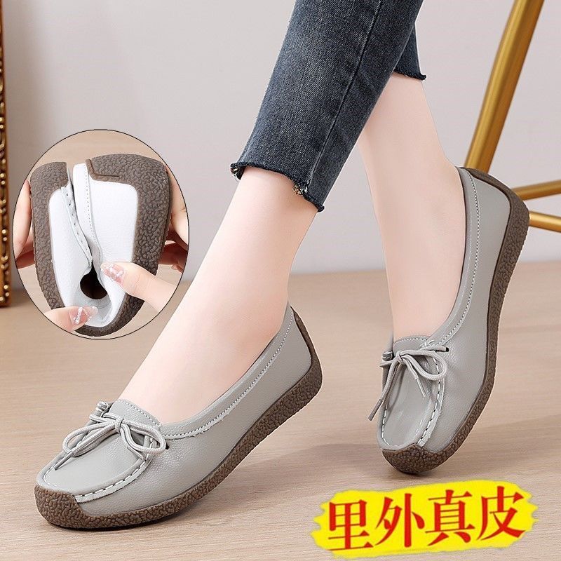 wtMei Genuine Leather Doudou Shoes Women Beef Tendon Sole Single Shoes One Pedal Mother Shoes Casual Flat Shoes