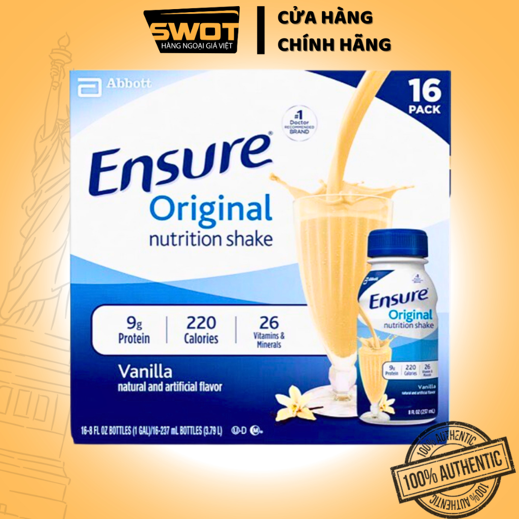 Thùng 16 Sữa nước Ensure Vanilla Original Nutrition Shake Mỹ 237ml, Sữa Ensure Mỹ thơm ngon bổ dưỡng