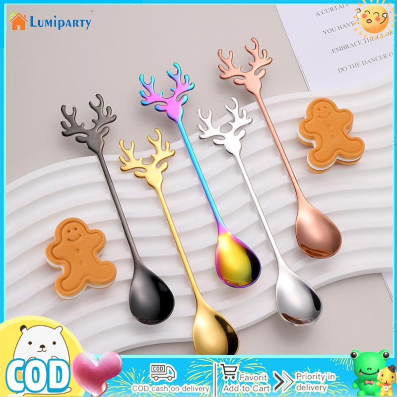 Christmas Elk Head Shape Stirring Spoon 304 Stainless Steel Coffee Dessert Spoon Exquisite Tableware Party Gift ราคา 26 บาท*ส่งฟรี