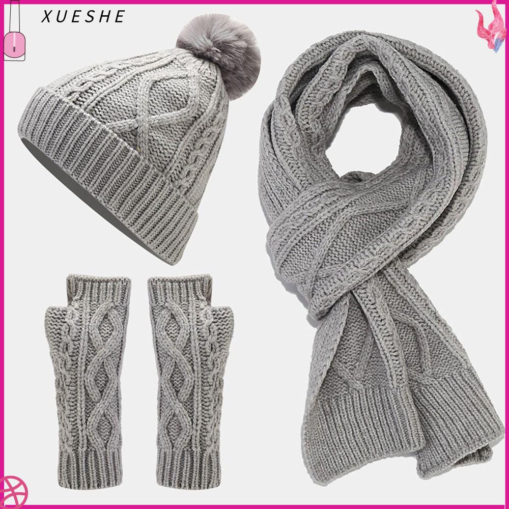XUESHE Ấm áp mùa đông Bộ găng tay Khăn quàng cổ mũ Đan Màu trơn Mũ Beanie dệt Nhu yếu phẩm Co giãn Mũ nữ Nữ thiếu nữ