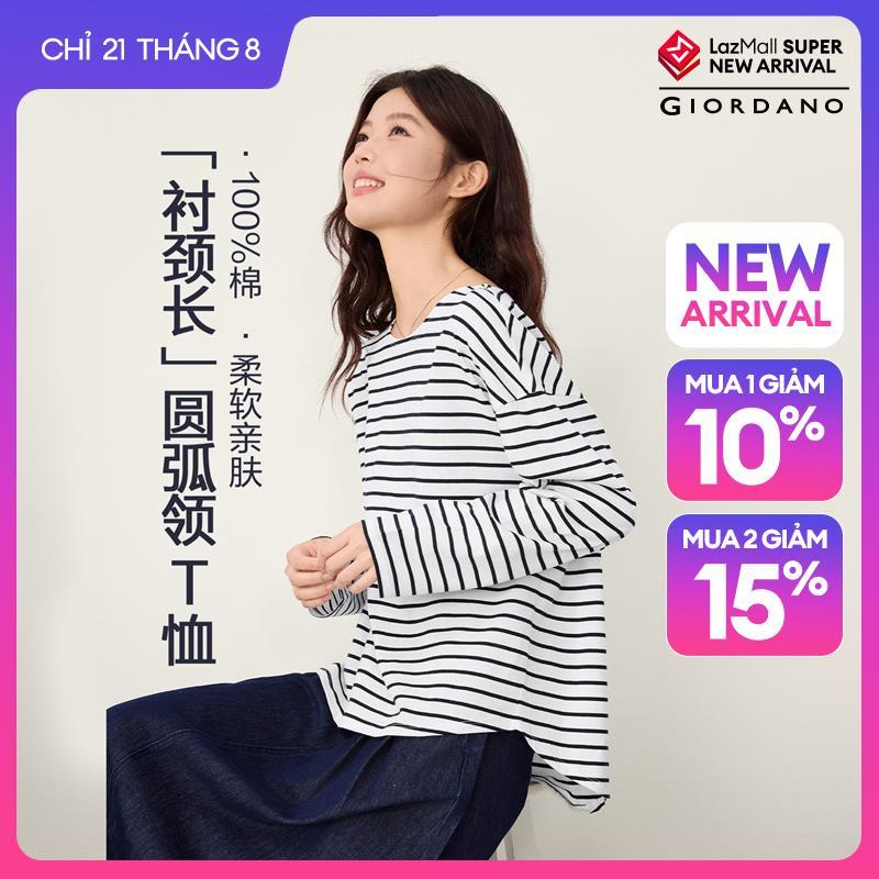 GIORDANO Women T-Shirts 100% Cotton Striped Curved Hem Tee Round Neck Long Sleeve Fashionable Casual Relaxed T-Shirts 13326614