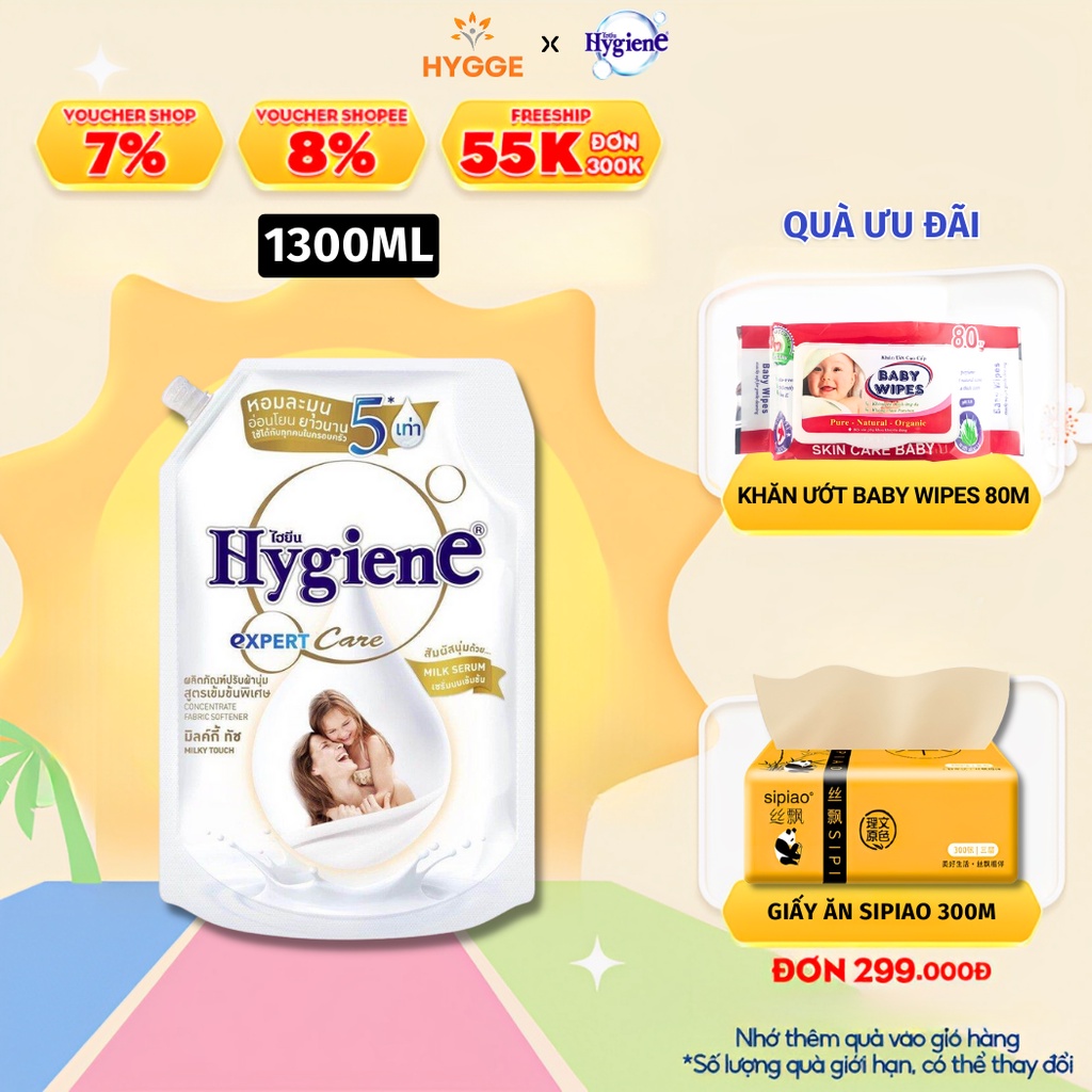 Nước Xả Vải Hygiene Thái Lan Giặt Xả Quần Áo Milky Touch Milk Serum Expert Care [Trắng Baby] 1300ml