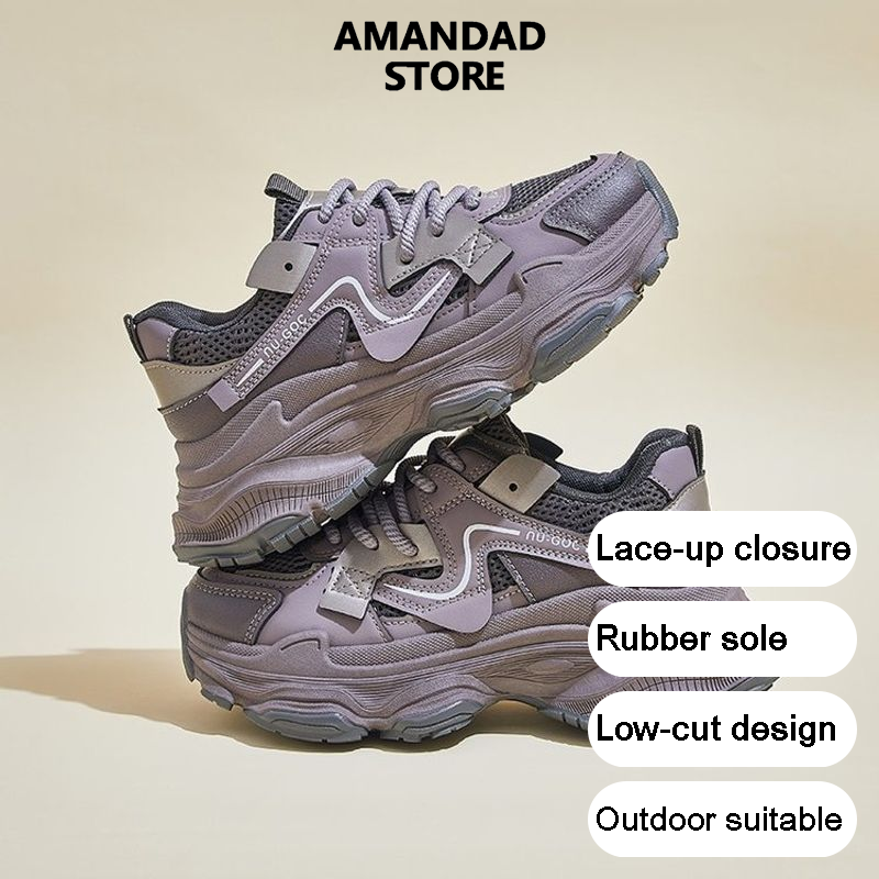QiaoYiLuo Women's Stylish Thick Sole Rubber Sneakers - Lace-Up, Low-Top, Gray/Black/Purple ราคา 435 บาท*ส่งฟรี