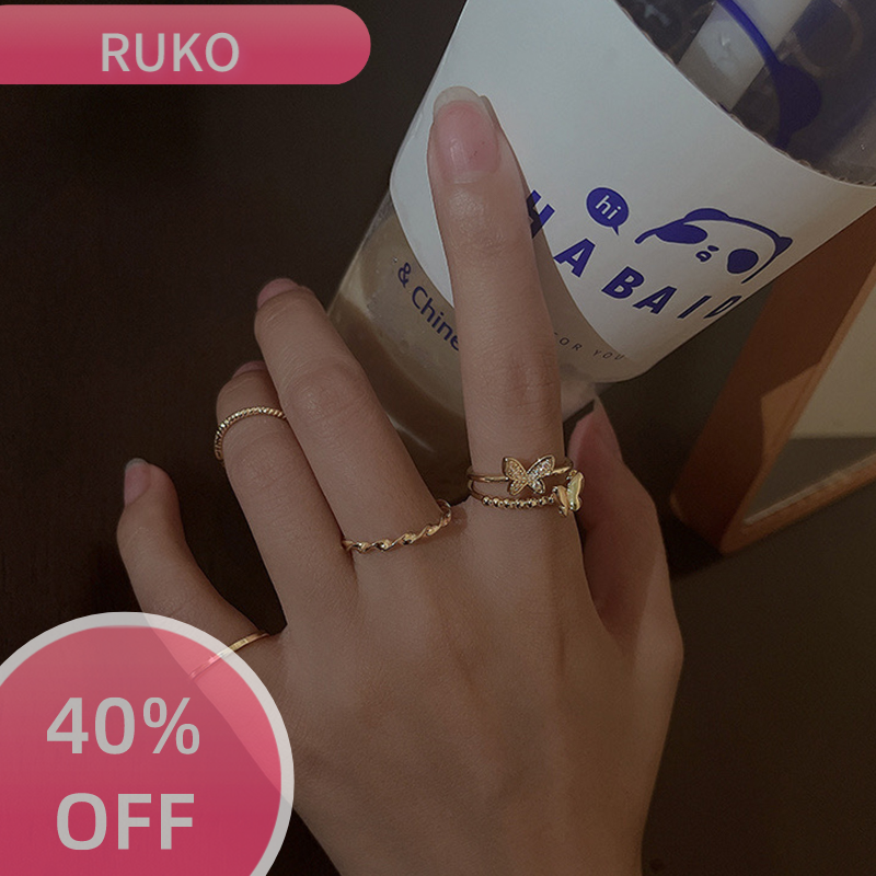 RuKo 4Pcs Vòng Tròn Đồng Bằng Bướm Nhẫn Set Màu Bạc Mở Có Thể Điều Chỉnh Thời Trang Cá Nhân Vòng Tay Cho Phụ Nữ Hợp Thời Trang Đồ Trang Sức