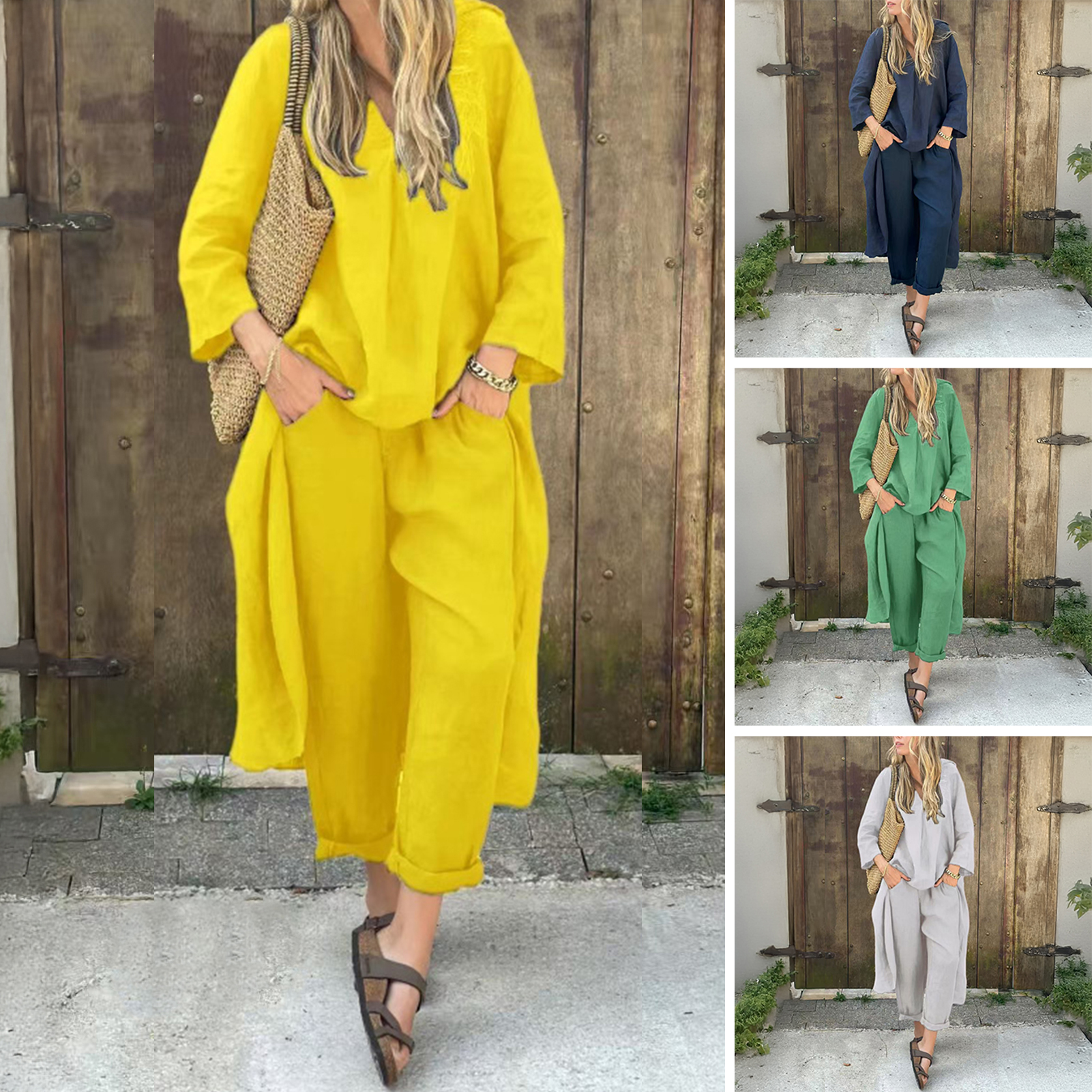 Yitu màu trơn Thiết Lập Đa Năng hai mảnh Bộ Quần Áo Của Phụ Nữ V Cổ Top Và Quần Legging rộng Bộ quần Mùa Hè Giản Dị Phòng Chờ Phù Hợp Với Cho