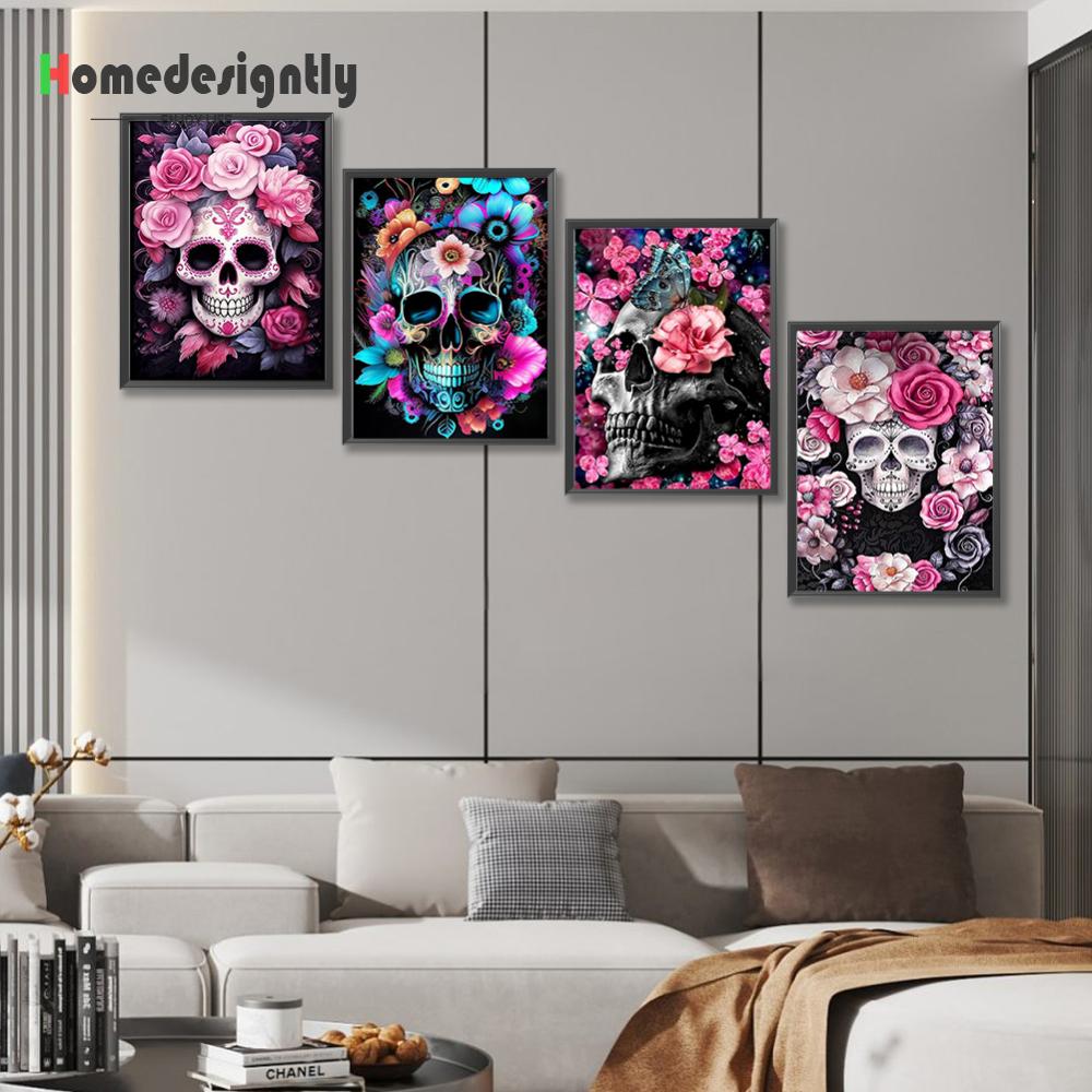 【Homedesigntly】4pcs 5D DIY Full Round Drill Diamond Painting Flower Skull Decor Art 30x40cm