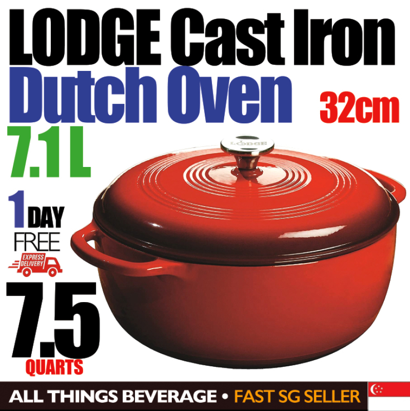 Lodge Dutch Oven Enameled Cast Iron, 7.5 Quart 7.1L Red - 1 Day EXPRESS Delivery Guarantee or $ Back Singapore