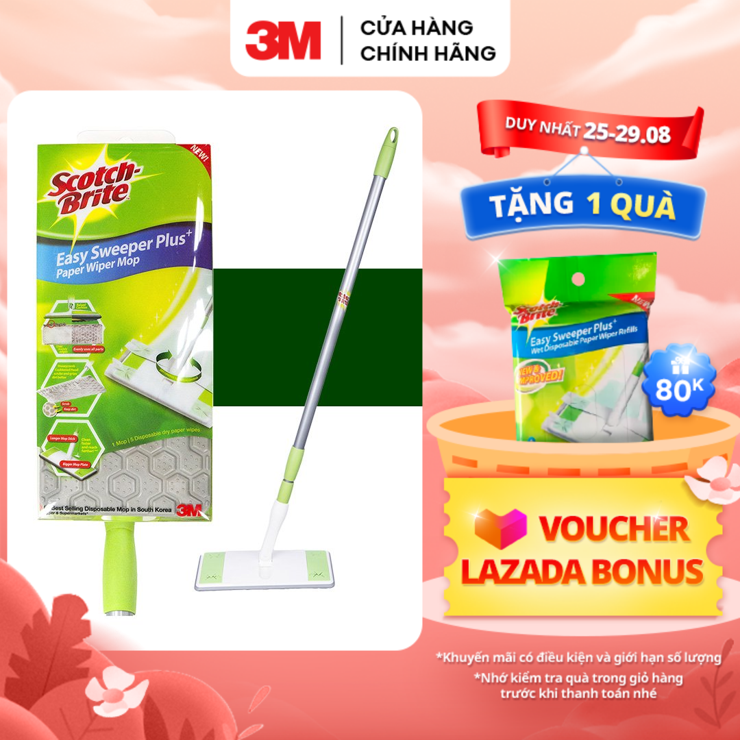 Cây lau nhà siêu tốc, 360 độ 3M™ Scotch-Brite™, dùng khăn giấy thay thế , 1 cây lau & gói 5 khăn, Dùng vệ sinh sàn nhà