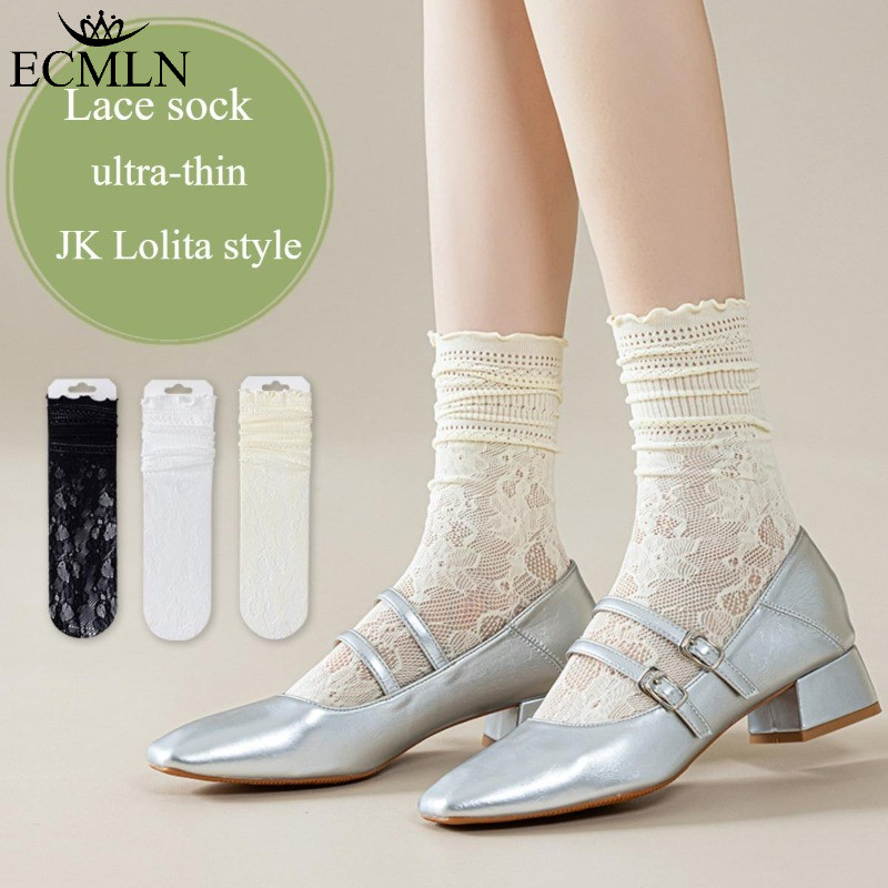 ECMLN Tất bắp chân ren phong cách ballet cho nữ mùa hè lưới mỏng JK dễ thương Lolita ống giữa