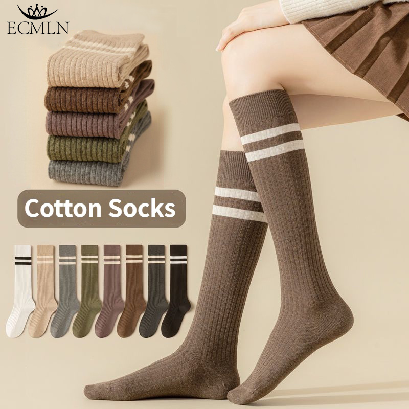 ECMLN Tất Cotton Bê Cho Nữ Nhật Bản JK Tất Dài Đến Đầu Gối Vừa Ins Thời Trang Bé Gái Đại Học Phong Cách Sọc Cổ