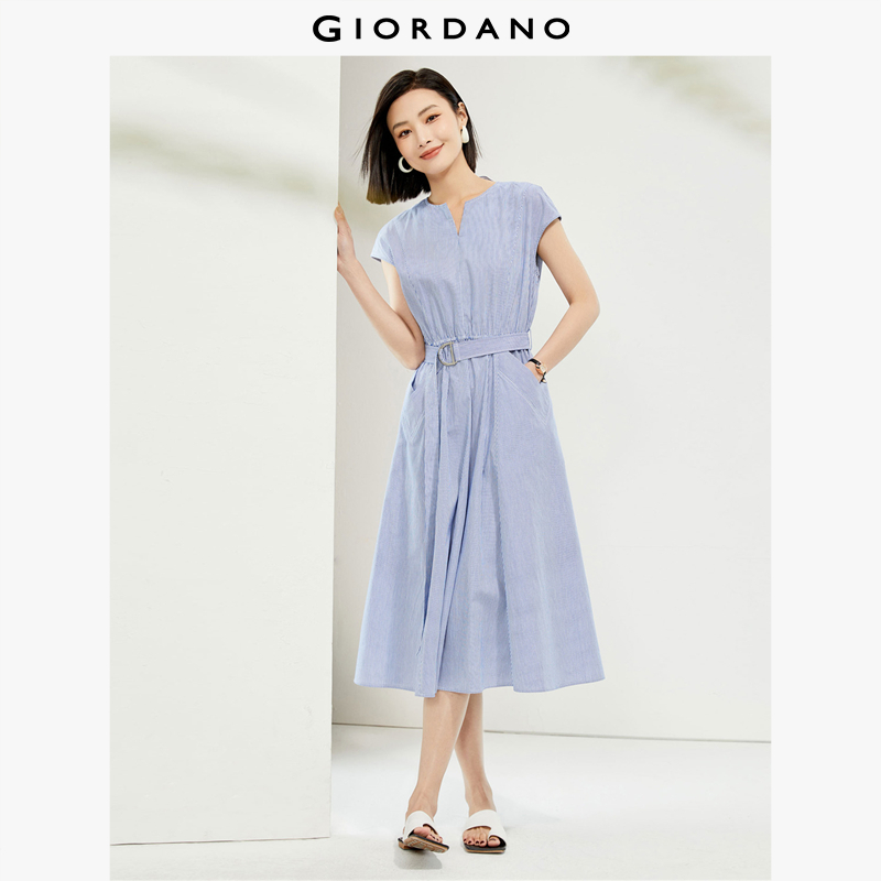 GIORDANO Nữ Áo Cổ Chữ V Thắt Lưng Váy 100% Cotton Tay Ngắn Sọc Mùa Hè Thời Trang Áo Free Shipping 18464605