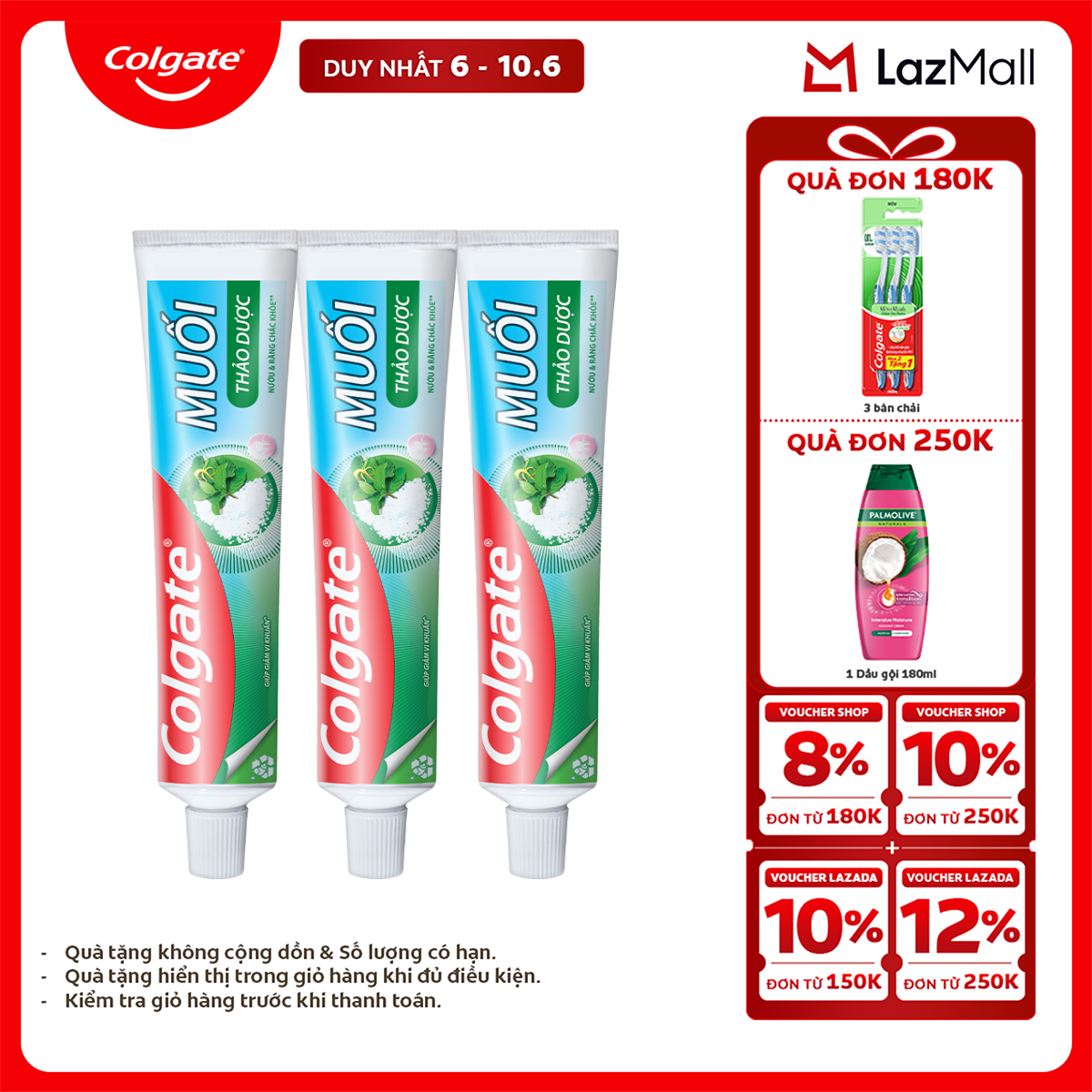 [Chỉ 6-10.6_X2 Voucher giảm 22%] Bộ 3 kem đánh răng Colgate bảo vệ nướu Muối Thảo Dược Herbal Salt 225gx3