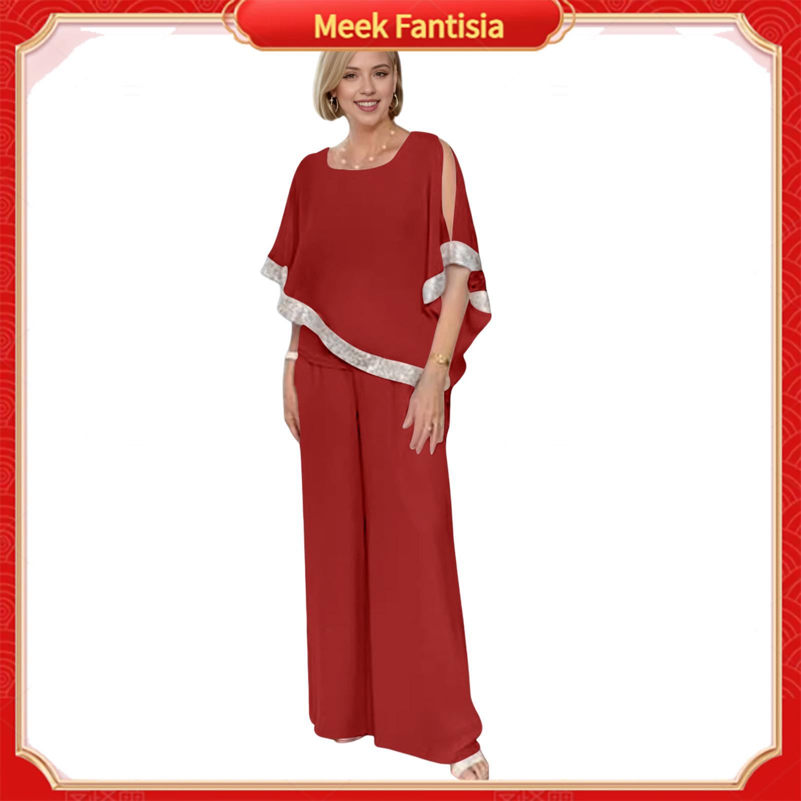 Meek Fantisia Bộ Đồ Hai món cho nữ bộ đồ tay áo cánh dơi Bộ quần Kim Sa áo cổ tròn và bộ quần quần ống rộng cho nữ trang phục thường ngày hợp thời trang cho mặc hàng ngày 2 cái/bộ