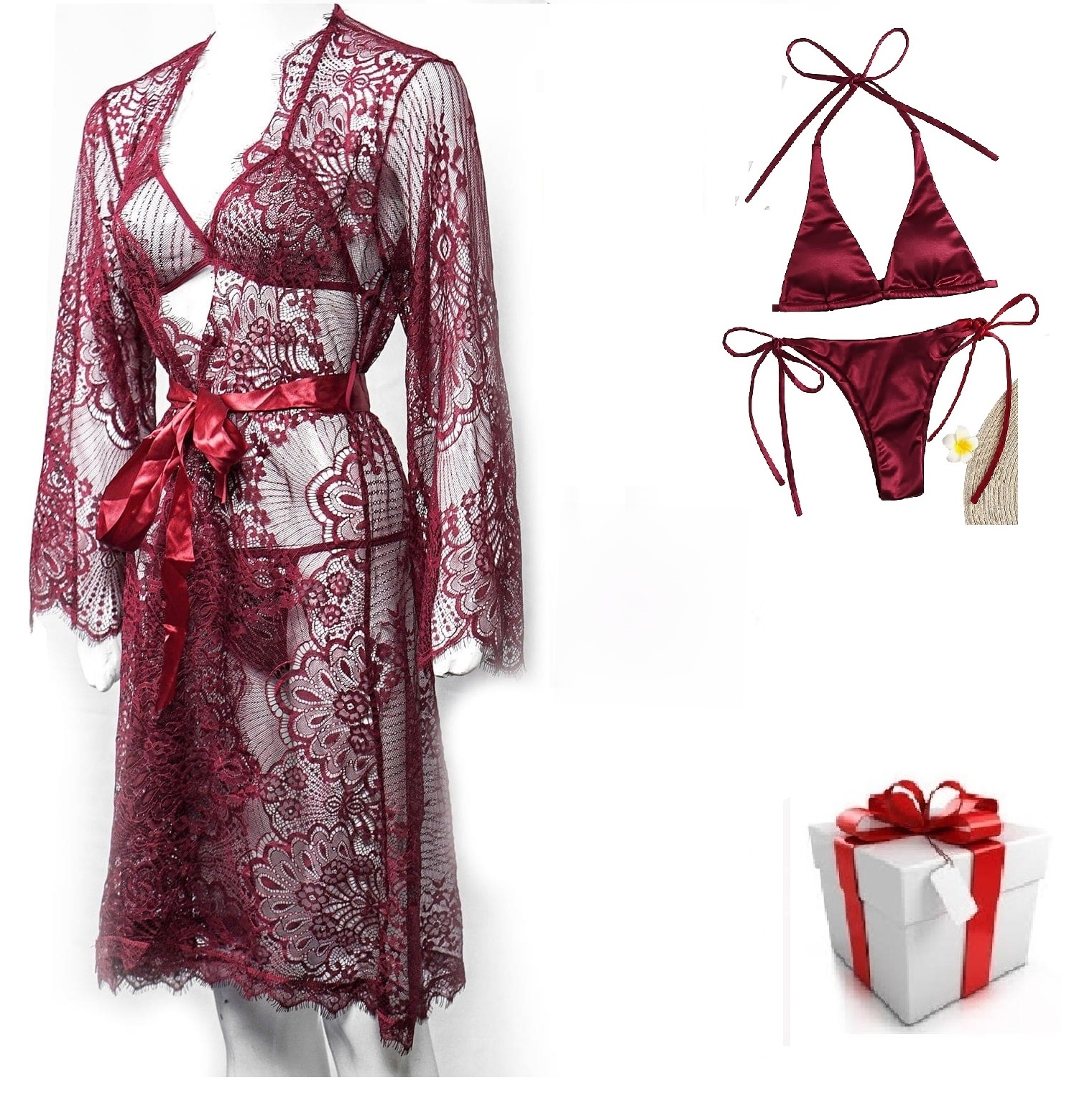 Pack of 04 - High Qaulity Lace Net See Through Bridal Nighty Set Pratiharye Valentine Special! Babydoll Nightwear Net Robe/Chemise with Bikini Set | Hot & Saxy | for Honeymoon/First Night Anniversary for Women/Girls Best gift with Amazing Gift