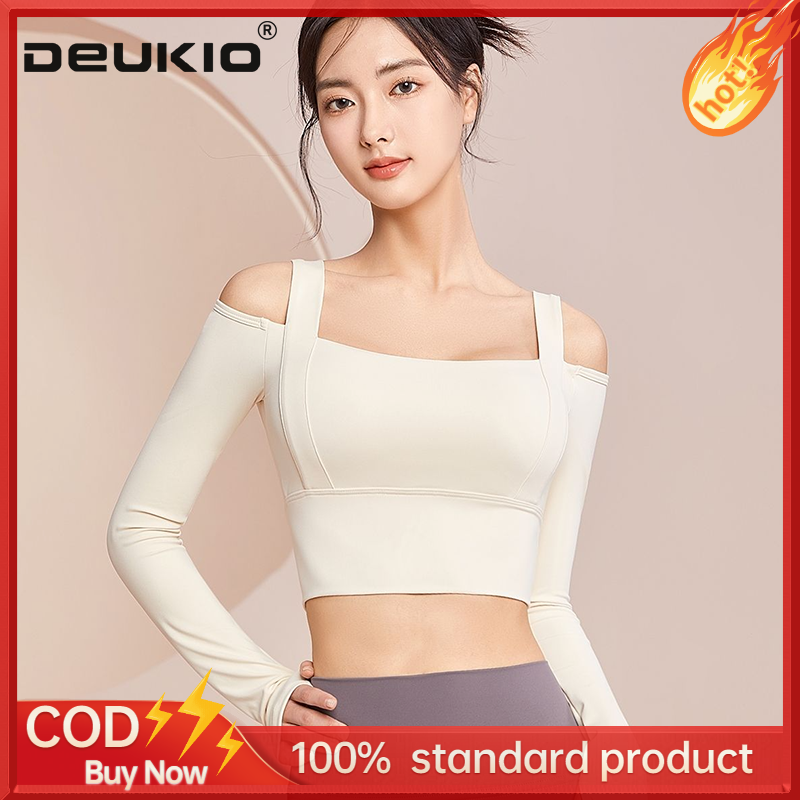 DEUKIO women's hollow beautiful back high-end tight-fitting slim hot girl sports fitness with chest pad yoga wear long-sleeved T-shirt ราคา 165 บาท*ส่งฟรี