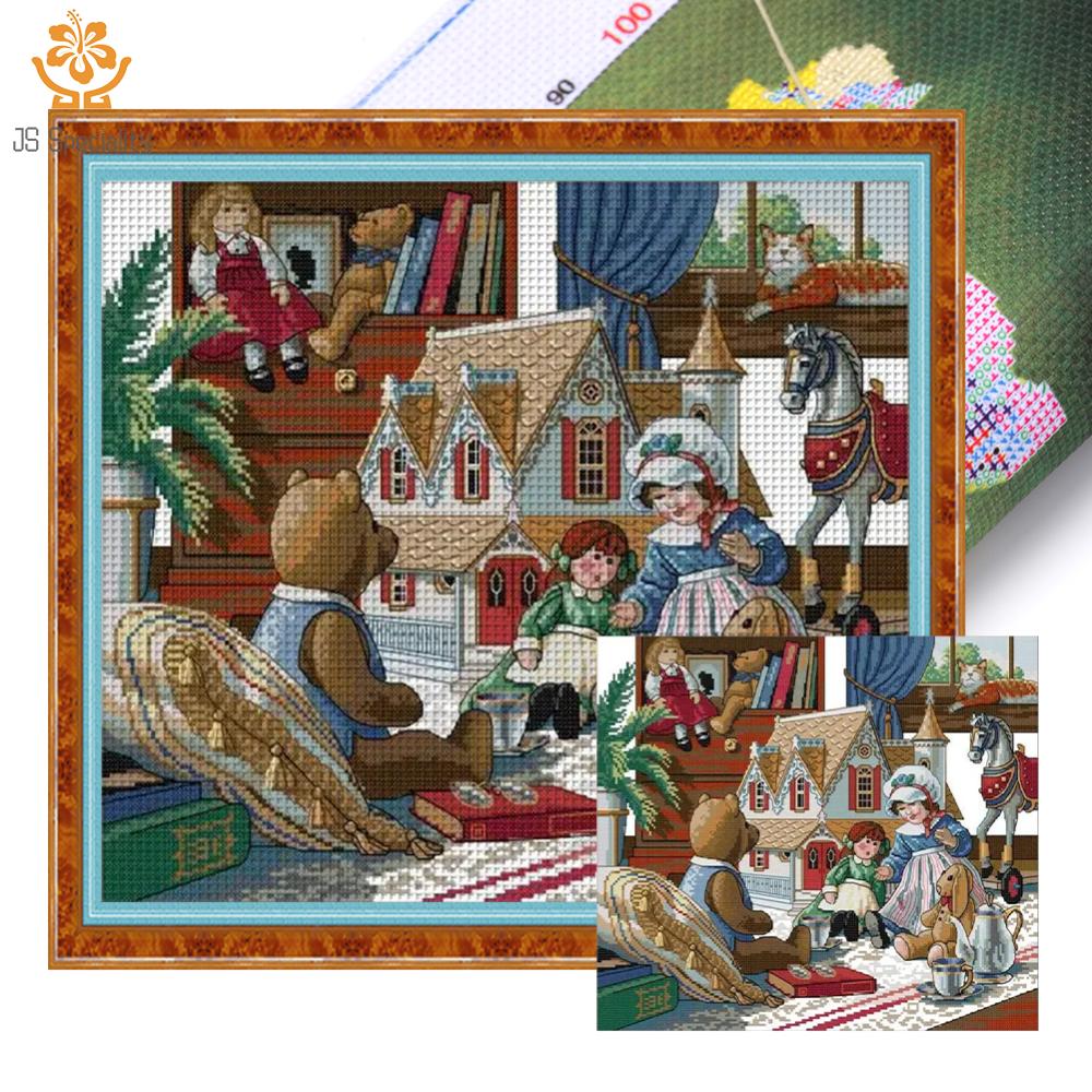 Thêu sinh thái-Sợi bông 14ct in búp bê Bộ dụng cụ thêu chữ thập tác phẩm nghệ thuật 44x38cm