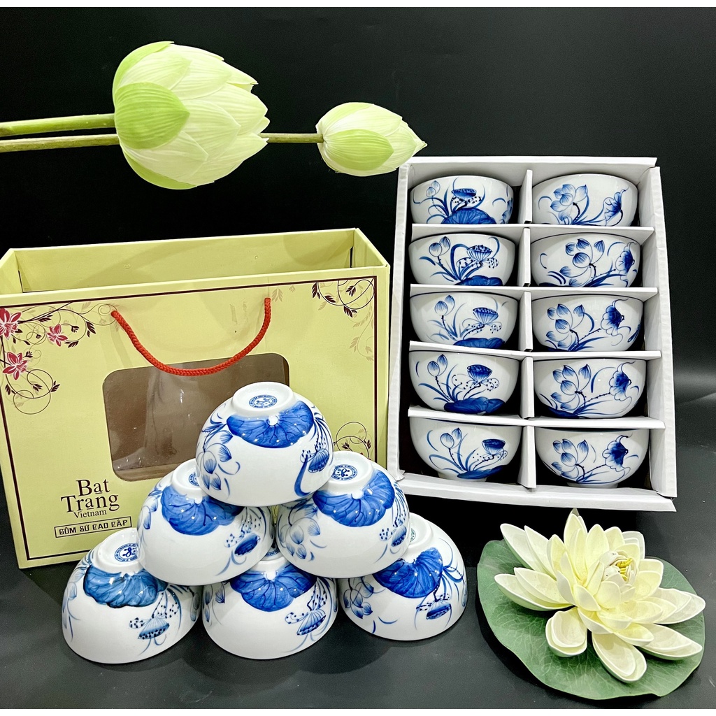 Set bát ăn bát tràng cao cấp hàng loại i - bộ bát ăn cơm vẽ hoa sen đầm - bộ chén ăn cơm bát tràng