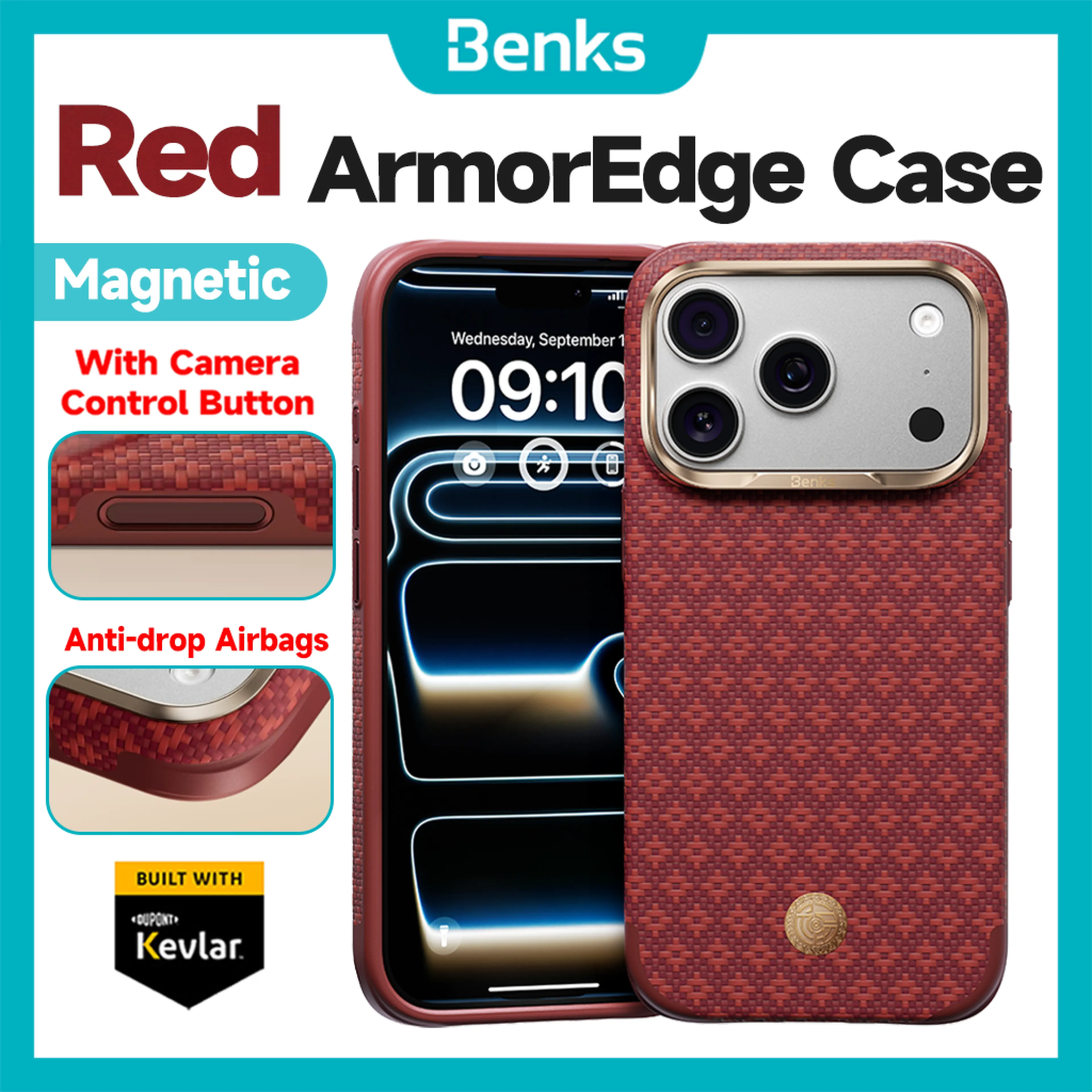 Benks ArmorEdge Case Built with Kevlar® for IPhone 17 Pro Max Aramid Fiber TPU All-inclusive Shock Anti-drop Airbags Protection with Camera Button Red Casing