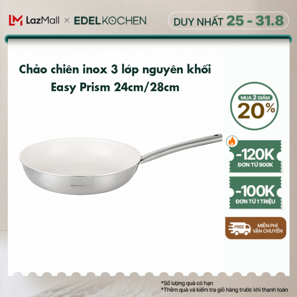 Chảo chiên inox 3 lớp nguyên khối, chống dính ceramic Edelkochen Easy Prism Collection 24/28cm – Màu Cream