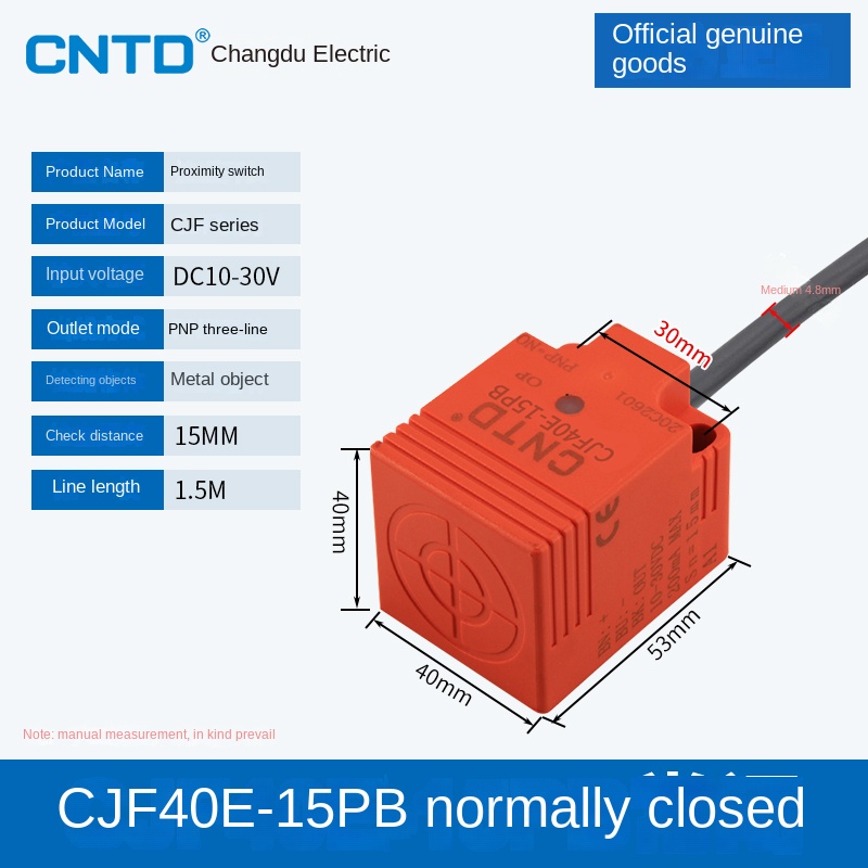 Cảm Biến Tiệm Cận CJF40E-15PB CNTD | Tùy Chọn CJF17E-05NA/NB/PA/PB/LA - PNP, 3 Dây DC, Phát Hiện Kim Loại 5-15mm, Bảo Vệ Sóng Xung