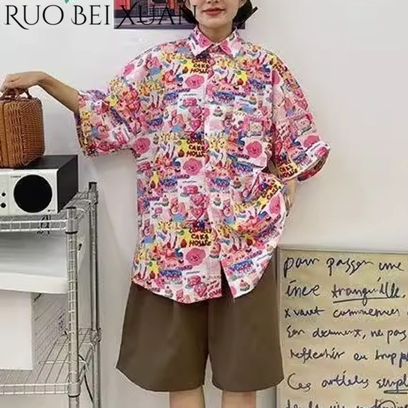 Ruo Bei Xuan Women's Retro Single-Breasted Short-Sleeve Shirt Loose Fit Fashion Polo Collar ราคา 152 บาท*ส่งฟรี