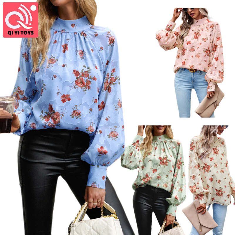⚡⚡Phụ Nữ cổ cao Áo Tops Giản Dị tay áo phồng dài in màu sắc Loose Hem Áo sơ mi văn phòng Cho Tốt Nghiệp Hẹn Hò