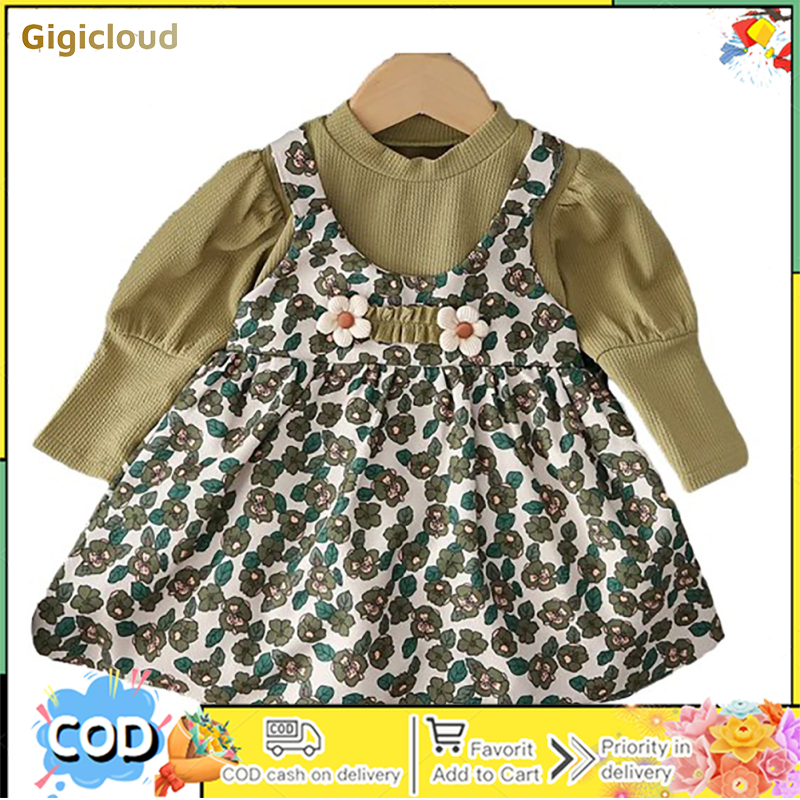 Girls Casual Skirt For Any Occasion Long Sleeve Floral Print Suspender Fake 2 Piece Dress Princess Skirt ราคา 162 บาท*ส่งฟรี