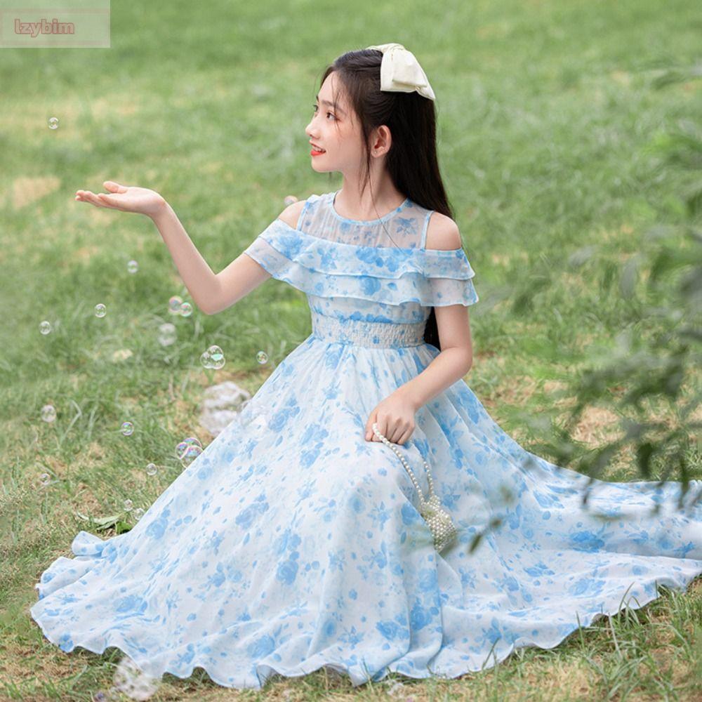 LZYBIM Lỏng lẻo Váy hoa chiffon cho bé gái Thanh thiếu niên Xếp nếp Váy công chúa cho trẻ em Ngọt ngào Kỳ nghỉ ở bãi biển Váy mùa hè cho trẻ em Kỳ nghỉ